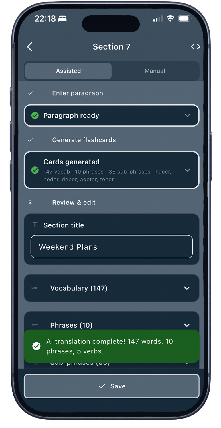 Generated flashcards with translations