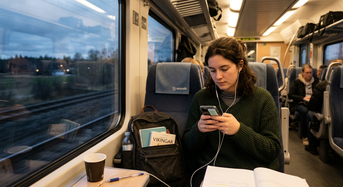 Learner studying on phone while traveling